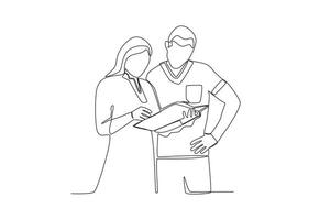 kontinuerlig linje teckning av en två manlig och kvinna doktorer diskuterar patient data vektor
