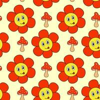 retro 70er Jahre 60er Jahre 80er Jahre Hippie groovig Pilze fliegen Pilze und Blume nahtlos Muster. Blume Leistung. Vektor Illustration.