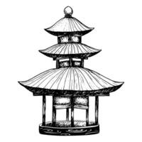 vektor pagod hus grafisk svart och vit illustration. traditionell japansk eller nepal arkitektur byggnad av asiatisk kultur