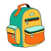 Schule Rucksack Karikatur im Gekritzel retro Stil. zurück zu Schule Schreibwaren Tasche Fett gedruckt hell. klassisch liefert zum Kinder Bildung oder Büro arbeiten. Spaß Vektor Illustration isoliert auf Weiß Hintergrund.