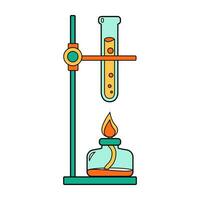 vetenskap skola kemisk kuggstång testa rör och alkohol brännare ikon. kemi och biologi utbildning laboratorium tecknad serie flaska. djärv ljus labb Utrustning. vektor illustration isolerat på vit.