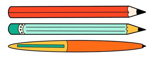 Schule Stift und Bleistift Karikatur im Gekritzel retro Stil. zurück zu Schule Schreibwaren Element Fett gedruckt hell. klassisch liefert zum Kinder Bildung oder Büro arbeiten. Spaß Vektor Illustration isoliert auf Weiß.