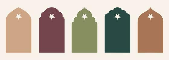 gestalten islamisch Tür und Fenster Silhouette Arabisch Bogen mit Symbole . Sammlung von Muster im orientalisch Stil. Frames im Arabisch Muslim Design zum Ramadan karem. Vektor Moschee Tor isoliert auf Weiß.