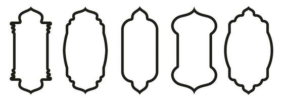 gestalten islamisch Tür und Fenster Silhouette Arabisch Bogen. Sammlung von Muster im orientalisch Stil. Frames im Arabisch Muslim Design zum Ramadan karem. Vektor Moschee Tor Schlaganfall isoliert auf Weiß