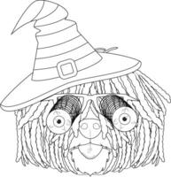 Halloween Gruß Karte zum Färbung. puli Hund gekleidet wie ein Hexe mit schwarz und Grün Hut und Brille mit schrecklich googly Augen vektor