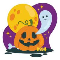 uppsättning av halloween illustrationer. pumpa med en ristade ansikte, godis, ben, spöke. bakgrund med stor måne och stjärnor. vektor grafisk.