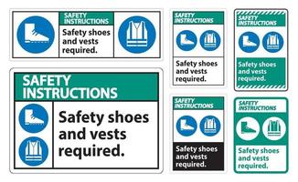 Sicherheitshinweise Schild Sicherheitsschuhe und Weste erforderlich mit PPE-Symbolen auf weißem Hintergrund, Vektorgrafiken vektor