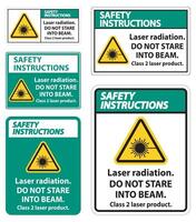 säkerhetsinstruktioner laserstrålning, stirra inte in i strålen, klass 2 laserproduktskylt på vit bakgrund vektor