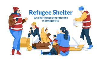 Frauen und Kinder mit Gepäck im ein Schutz zum Flüchtlinge. Freiwillige Hilfe. Verwaltung und Unterstützung. eben Vektor Illustration