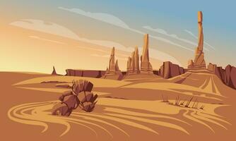 Sonnenuntergang Stein und Sand Wüste Landschaft. ländlich Panorama. Vektor eben Illustration