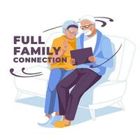 Großeltern sind mit ein Tablette auf das Couch. isoliert auf Weiß Hintergrund. Vektor eben Illustration