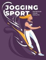 joggning eller löpning affisch design. sporter och hälsa livsstil. flicka på de bakgrund av stor text och stänk. vektor platt illustration