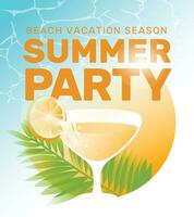 Sommer- Fall, Schwimmbad Party oder Ferien Konzept. Cocktail im ein Glas auf ein sonnig Hintergrund, Palme Blätter. Vektor Illustration