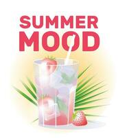 jordgubb mynta cocktail i en glas. sommar fest, strand händelse, semester begrepp. vit bakgrund med handflatan löv. vektor illustration