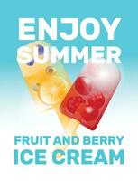 hallon, körsbär och blåbär, orange klar frukt is grädde tycka om glas. solig bakgrund. stor text. mat reklam, rekreation, sommar semester begrepp. vektor illustration