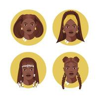 uppsättning av ansikten av svart kvinnor med annorlunda traditionell afrikansk frisyrer. bra för avatarer, skönhet salonger. platt tecknad serie vektor illustration