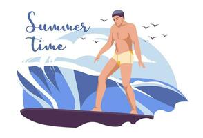 Sommer- Surfen von jung Mann Surfer beim Tafel auf Ozean Welle. eben Vektor Illustration zum Sommer- Sport Aktivität und Meer Freizeit Hobby
