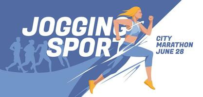 blå maraton affisch med en ung kvinna löpning. abstrakt design. annons av en friska livsstil. vektor platt illustration