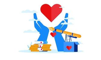 donationsdag välgörenhet med stort hjärta och stora händer platt illustration design vektor
