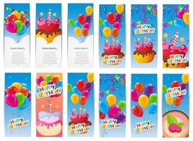 Farbe glänzend alles Gute zum Geburtstag Ballons und Kuchen Banner Set Backgro vektor