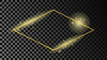 Gold glühend Rhombus gestalten Rahmen isoliert auf dunkel Hintergrund. glänzend Rahmen mit glühend Auswirkungen. Vektor Illustration.