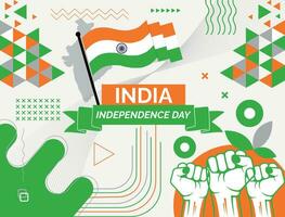 Indien nationell dag baner med Karta, flagga färger tema bakgrund och geometrisk abstrakt retro modern color design med Uppfostrad händer eller nävar. vektor