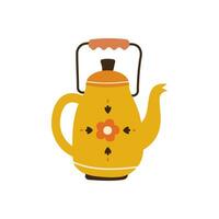 Jahrgang Tee Kessel und gemütlich Teekanne, Kräuter. rustikal Teekanne mit Herbst Kräuter- trinken, Teetasse, Blätter. farbig eben Vektor Illustration isoliert auf Weiß Hintergrund.