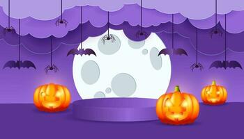 Lycklig halloween baner eller fest inbjudan bakgrund med moln, fladdermöss och spindlar i papper skära stil. lila 3d podium för halloween. vektor