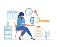 Multitasking und Zeit Verwaltung Konzept. Geschäft Frau umgeben durch Hände mit Büro Dinge. eben Vektor modern Illustration