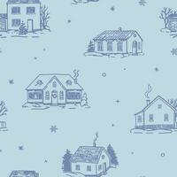 snöig hus, mysigt vinter- tid prydnad i skiss stil. vektor sömlös mönster för Semester design, bakgrund, tapet, dekor.