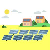 Solar- Batterien Bauernhof mit Solar- Häuser auf Hintergrund, eben Stil Konzept von verlängerbar Solar- Energie vektor