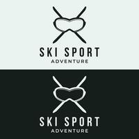 retro åka skidor sport mall logotyp element på årgång vinter, med skidor och berg.logotyp för åka skidor sport, klubb, bricka och märka. vektor