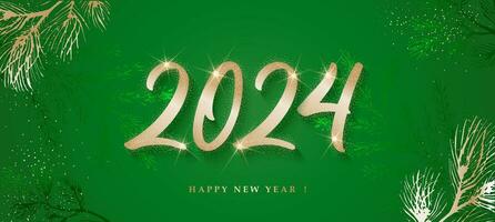 2024 glücklich Neu Jahr Banner. Gold, Grün, Winter Muster. vektor