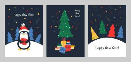 uppsättning av jul kort med söt pingviner och jul träd. vektor Semester samling. för digital design, gåvor, postcrossing.