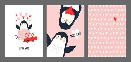 ein einstellen von Karten mit ein süß Pinguin, Herzen und Text. Vektor Illustration auf ein Rosa Hintergrund zum das Urlaub.