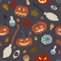 nahtlose Halloween-Kürbis-Muster mit Hexerei-Attributen Spinnen, Hexenbesen, Tränke auf dunklem Hintergrund. Design für Einladungen, Textilien, Druckerzeugnisse, Textilien. Vektor-Illustrationc vektor