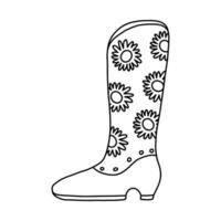 Hand gezeichnet Gekritzel mit Gliederung von retro Cowgirl Stiefel mit Sonnenblume Muster. Vektor Frau Stiefel im Cowboy Western Stil. einfach Schuhe von wild Westen mit Blume Ornament zum Cowboy Party Design.