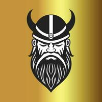 viking krigare huvud med hjälm och horn på guld bakgrund vektor