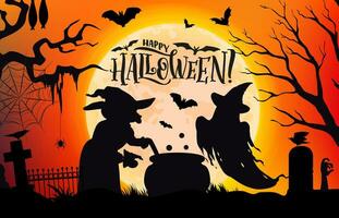 Halloween Hexe, Kessel und Geist Silhouetten vektor