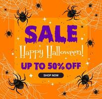 Halloween Verkauf Banner, Spinnennetz Spinnen, Rabatt vektor