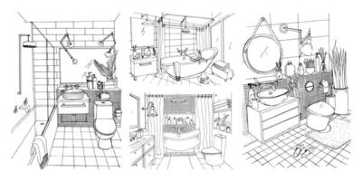 Hand gezeichnet modern Badezimmer und Toilette Innere Design Sammlung. Kontur Vektor skizzieren Abbildungen Satz.