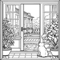 Katze Sitzung auf das Eingang von das Tür und suchen aus vektor