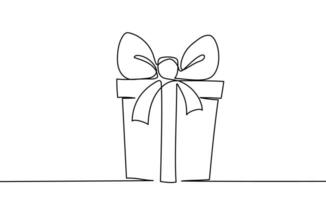 Geschenk Box Geburtstag oder Weihnachten kontinuierlich einer Linie Vektor Gliederung Kunst skizzieren. Feier Veranstaltungen Geschenk Bogen Band Box minimal Gekritzel abstrakt einfach Illustration. Urlaub Paket einfach und elegant