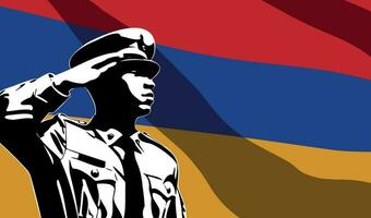 Silhouette von Soldat mit Armenien Flagge auf Hintergrund. vektor
