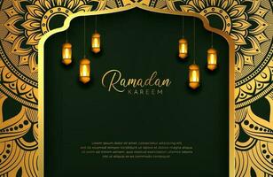 ramadan kareem bakgrund med guld och grön färg lyxstil vektorillustration för islamiska heliga månadens firande dekorerad med lykta och mandala arabesque vektor