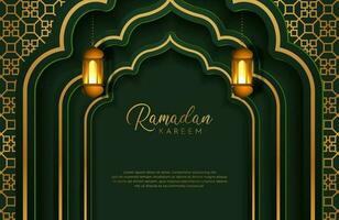 eid mubarak bakgrund i lyxig stil vektorillustration av mörkgrön arabisk design med guldlykta eller fanoos för islamiska helgmånader vektor
