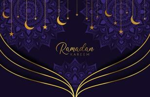 Ramadan Kareem Hintergrund mit goldenem Mond und Sternen auf lila Vektorillustration für islamische Feiern des heiligen Monats vektor