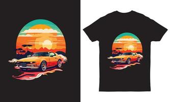 konstverk av retro bil t-shirt grafisk design, vektor platt design av ett retro.