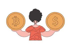 en man innehar en dollar och en bitcoin i hans händer. karaktär trendig retro stil. vektor