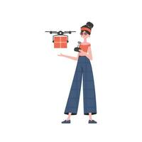 das Konzept von Ladung Lieferung durch Luft. ein Frau Kontrollen ein Drohne mit ein Paket. isoliert. Vektor Illustration.